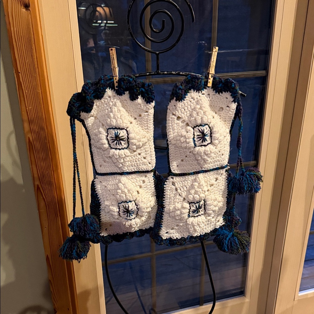 Handmade Crochet Granny Square Leg Warmers Pom Pom Ties Boho Cream Blue Purple